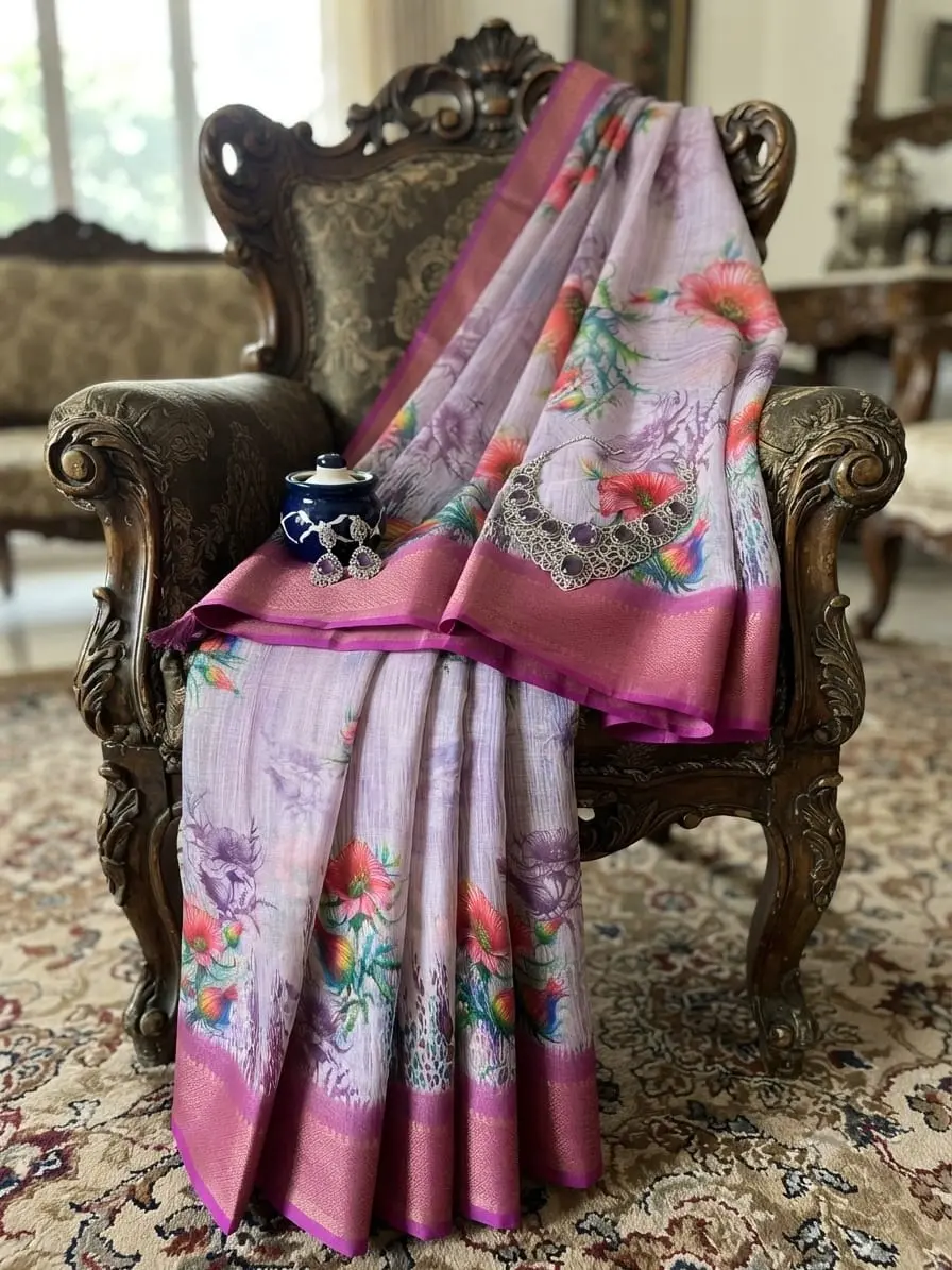 Lavender Digital Dola Border Work Soft Silk Saree